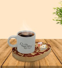 Kişiye Özel Retro Motif Tasarımlı Doğal Ahşap Tabaklı Türk Kahvesi Fincanı Sunum Seti Model 2