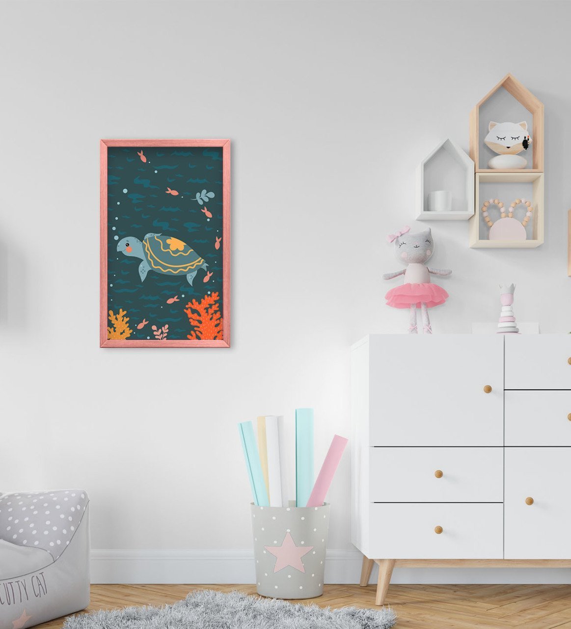 BK Home Kaplumbağa Tasarımlı Dekoratif Pembe Ahşap Çerçeveli Çocuk Odası Tablo-1