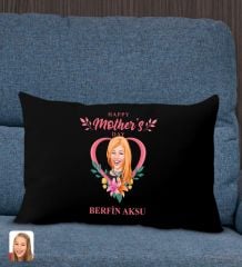 BK Gift Kişiye Özel Anneler Günü Karikatürlü Premium Kumaş Siyah Dikdörtgen Kırlent Yastık, Anneler Günü Hediyesi, Ev Dekorasyonu-5