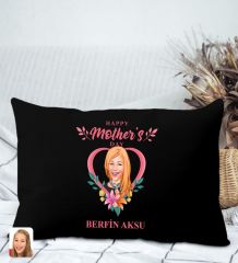 BK Gift Kişiye Özel Anneler Günü Karikatürlü Premium Kumaş Siyah Dikdörtgen Kırlent Yastık, Anneler Günü Hediyesi, Ev Dekorasyonu-5