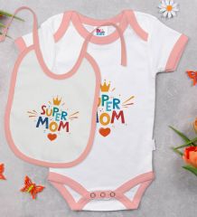 BK Kids Super Mom Tasarımlı Pembe Bebek Body Zıbın ve Mama Önlüğü Hediye Seti-1