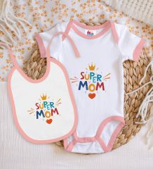 BK Kids Super Mom Tasarımlı Pembe Bebek Body Zıbın ve Mama Önlüğü Hediye Seti-1