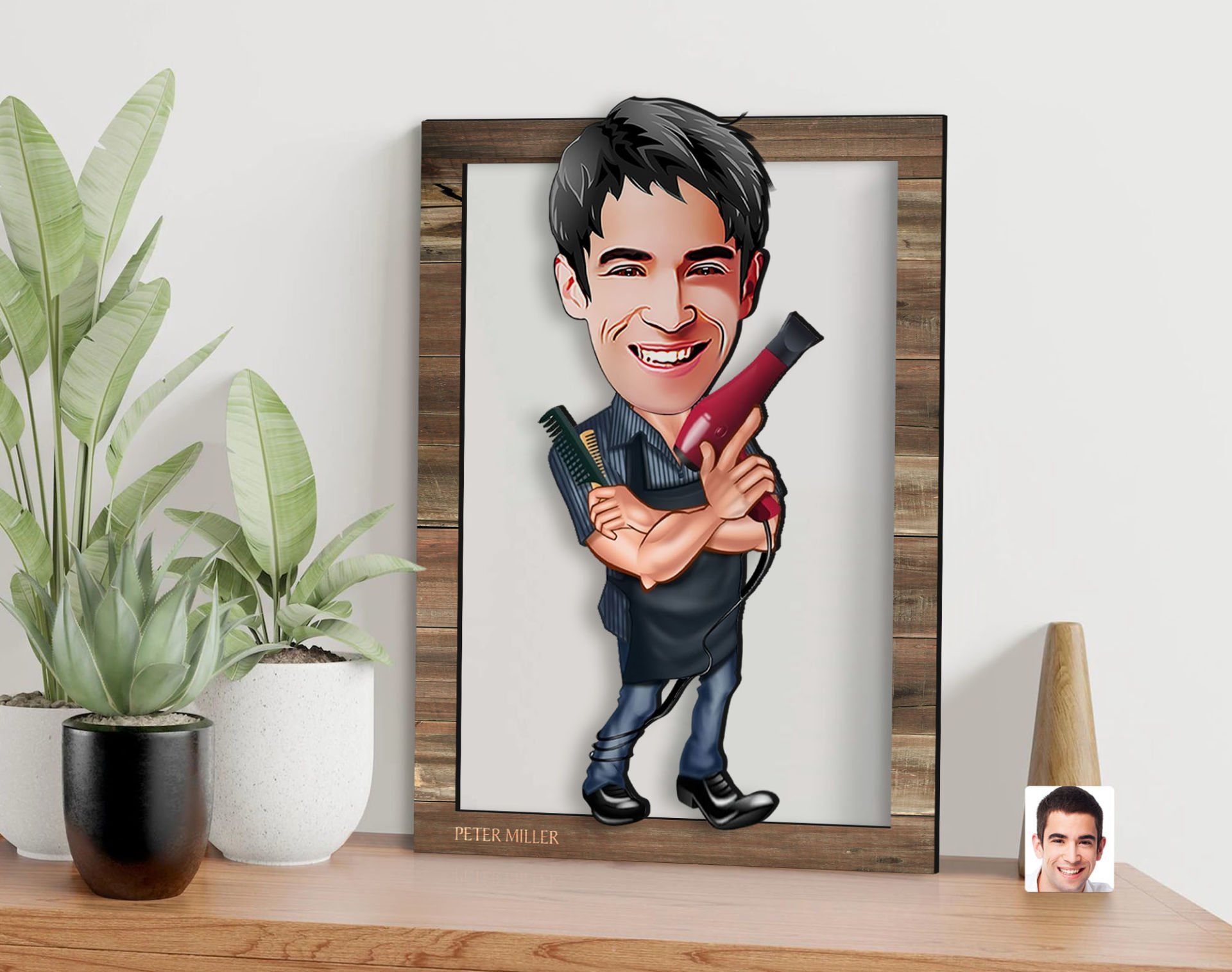 BK Gift Kişiye Özel Erkek Kuaför Karikatürlü 3D Ahşap Tablo, Sevgiliye Hediye, Arkadaşa Hediye, Yıl Dönümü Hediyesi, Doğum Günü Hediyesi-1