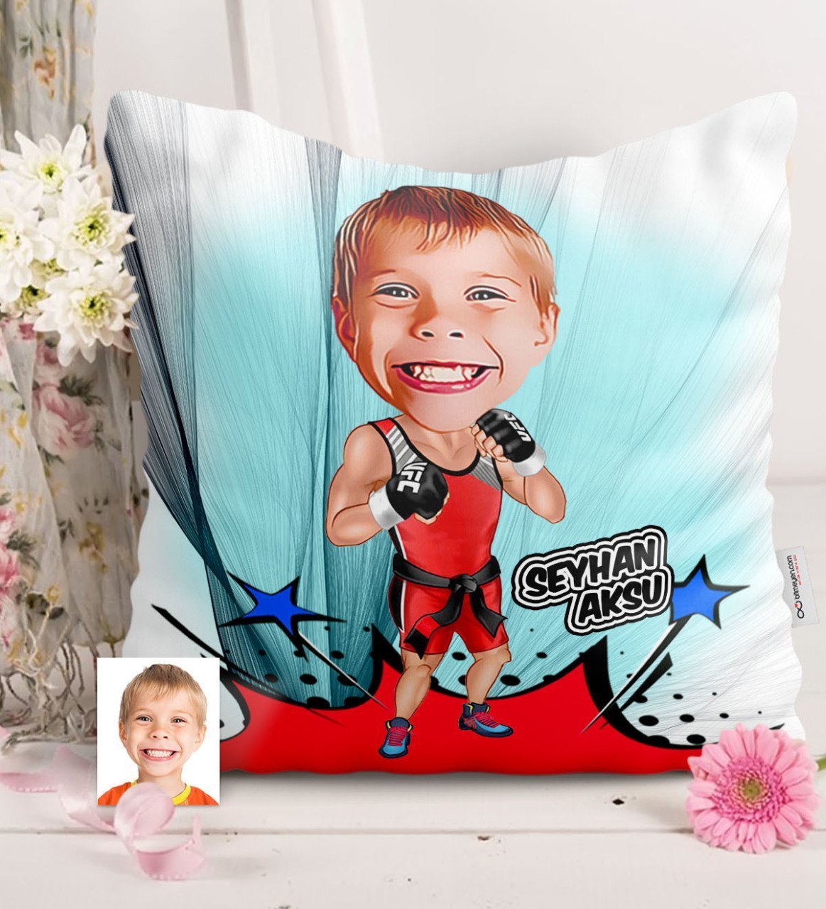 Kişiye Özel Çocuk Kick Boks Karikatürlü Saten Yastık