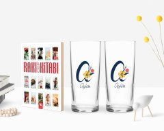 Kişiye Özel Renkli Baskılı Harf ve İsim Tasarımlı İkili Rakı Bardağı ve Rakı Cep Kitabı Hediye Seti-2