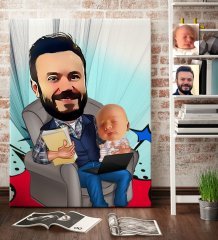Kişiye Özel Baba Oğul Karikatür Kanvas Tablo (70 x 100 cm.) 1
