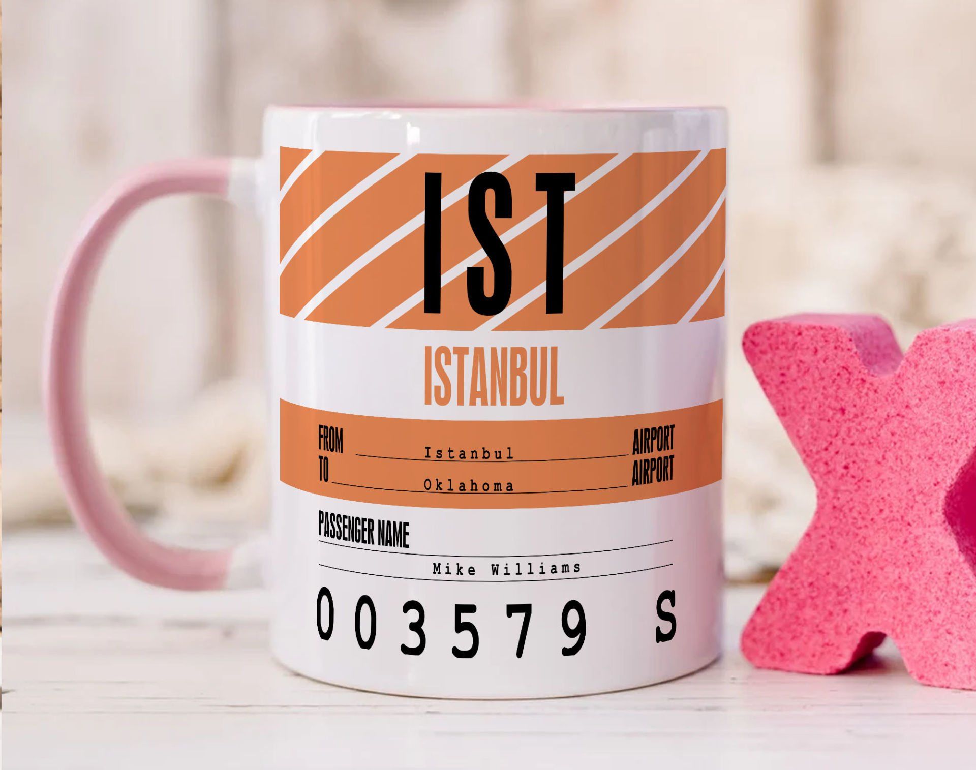 BK Gift Kişiye Özel İsimli Hava Limanı Tasarımlı Pembe Kupa Bardak-1, Arkadaşa Hediye, Doğum Günü Hediyesi(DÜZENLENECEK)