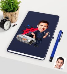 Kişiye Özel Bay Trafik Polisi Karikatürlü Lacivert Defter Kalem Seti - 1