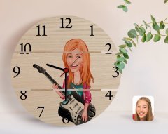 Kişiye Özel Kadın Gitarist Karikatürlü Otantik Ahşap Palet Saat-1
