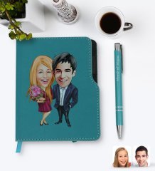 Kişiye Özel Sevgililer Karikatürlü Turkuaz Termo Deri Defter Kalem Seti-94