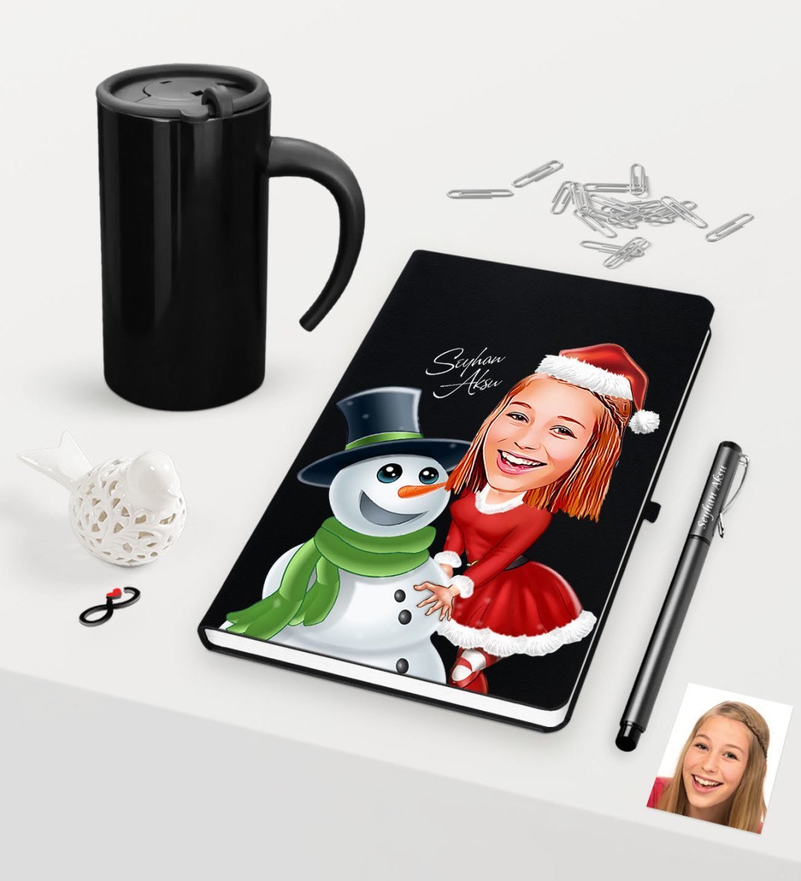 Kişiye Özel Yılbaşı Bayan Karikatürlü Siyah Defter Kalem Termos Mug Seti - 4
