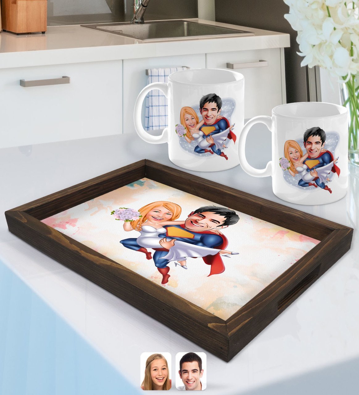 Kişiye Özel Sevgililer Karikatürlü Doğal Ahşap Tepsi ve 2’li Kupa Bardak Seti-92