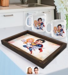 Kişiye Özel Sevgililer Karikatürlü Doğal Ahşap Tepsi ve 2’li Kupa Bardak Seti-92