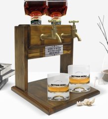 Kişiye Özel Renkli Baskılı Alcohol Company Tasarımlı İkili Viski Bardağı ve Çift Musluklu Doğal Ahşap Viski Standı-1
