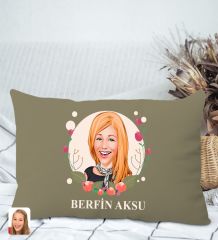 BK Gift Kişiye Özel Anneler Günü Karikatürlü Premium Kumaş Haki Dikdörtgen Kırlent Yastık, Anneler Günü Hediyesi, Ev Dekorasyonu-1