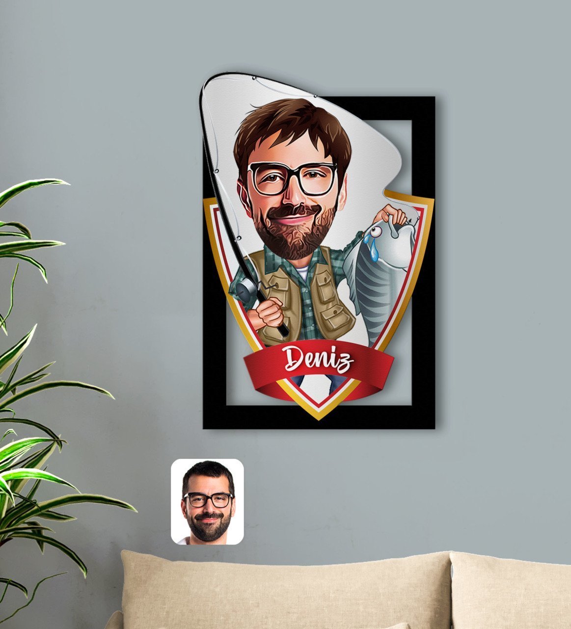 Kişiye Özel İsimli Erkek Balıkçı Karikatürlü 3D Ahşap Tablo-1