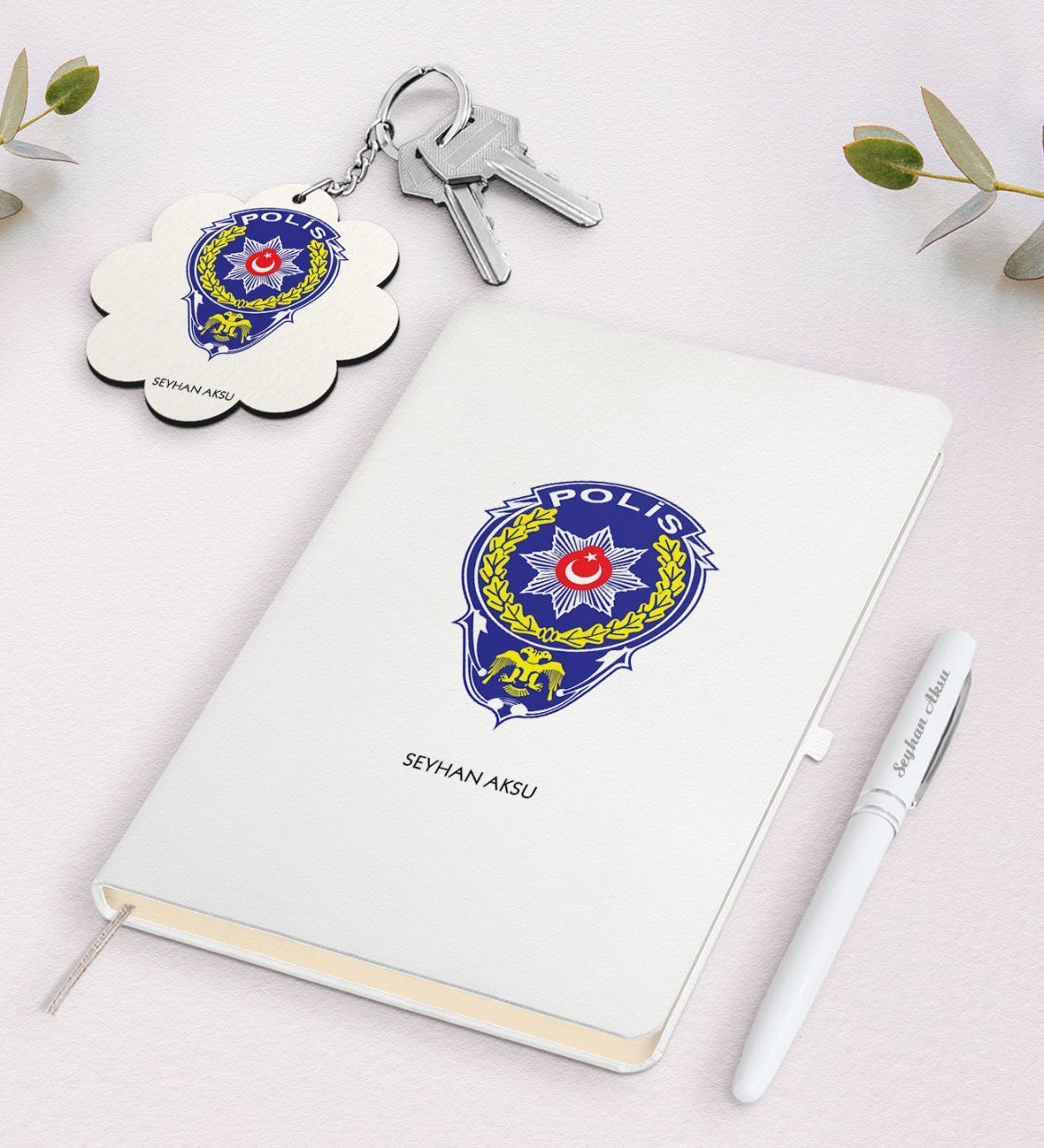 Kişiye Özel Polis Beyaz Defter Kalem Ve Anahtarlık Hediye Seti-2