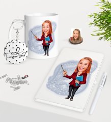 Kişiye Özel Bayan Öğretmen Karikatürlü Kupa Anahtarlık Beyaz Defter Kalem Hediye Seti-3