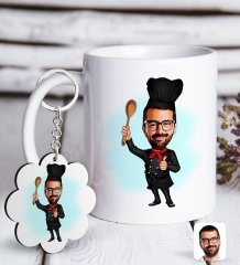 Kişiye Özel Erkek Master Chef Karikatürlü Beyaz Kupa ve Anahtarlık Hediye Seti-1