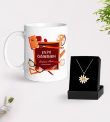 BK Gift Kişiye Özel Öğretmenler Günü Beyaz Kupa ve İsimli Papatya Kolye Hediye Seti- 1, Öğretmene Hediye, Öğretmenler Günü