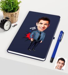 Kişiye Özel Bay Polis Karikatürlü Lacivert Defter Kalem Seti - 3