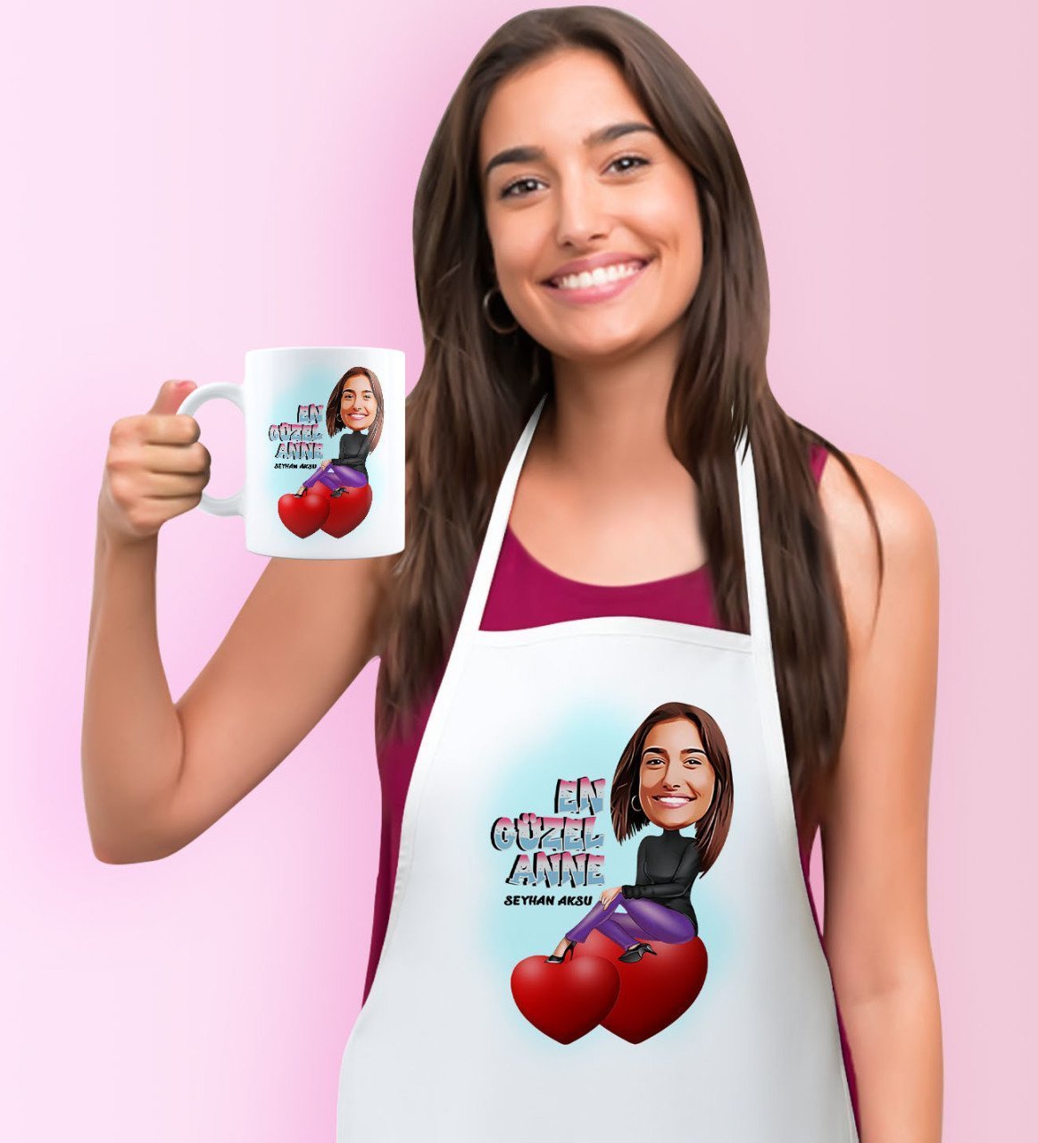 Kişiye Özel En Güzel Anne Karikatürlü Mutfak Önlüğü Kupa Seti