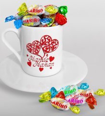 Kişiye Özel Sevgililer Günü Türk Kahvesi Fincanı ve Haribo Şeker Hediye Seti-12