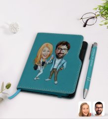 Kişiye Özel Sevgililer Karikatürlü Turkuaz Termo Deri Defter Kalem Seti-93