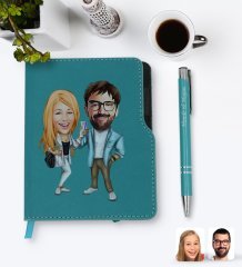 Kişiye Özel Sevgililer Karikatürlü Turkuaz Termo Deri Defter Kalem Seti-93