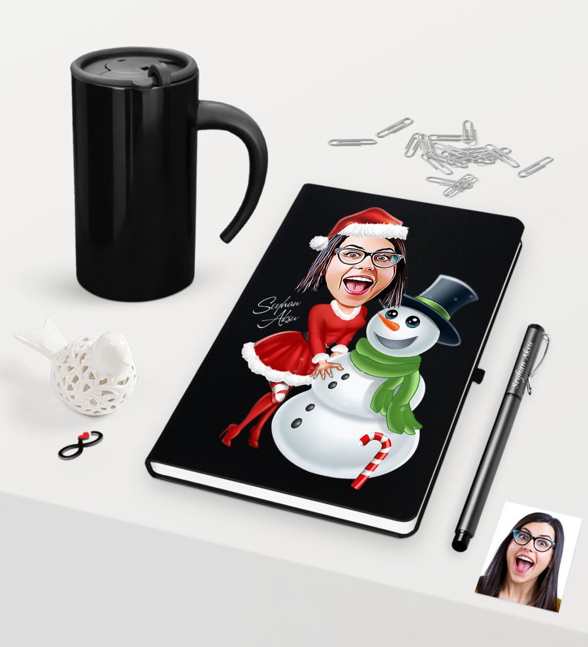Kişiye Özel Yılbaşı Bayan Karikatürlü Siyah Defter Kalem Termos Mug Seti - 3