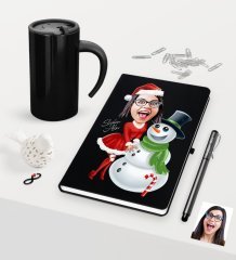 Kişiye Özel Yılbaşı Bayan Karikatürlü Siyah Defter Kalem Termos Mug Seti - 3