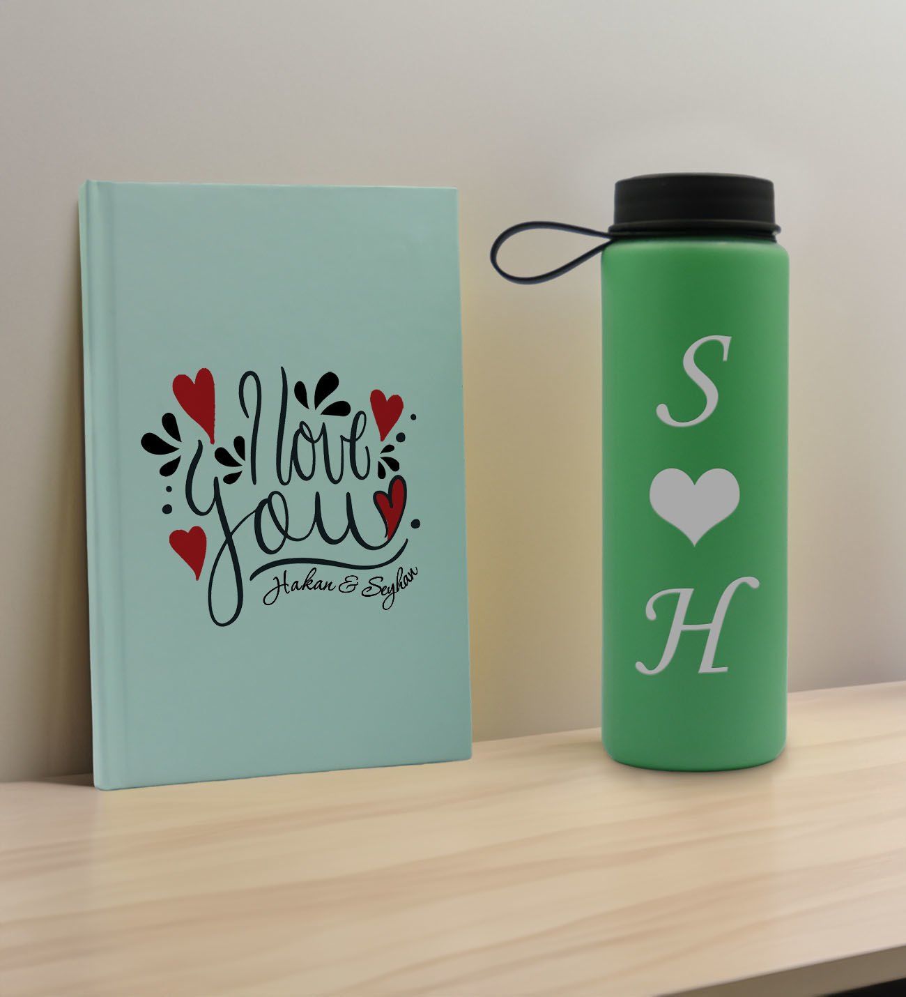 BK Gift Sevgiliye Özel İsimli Su Yeşili Defter ve Yeşil Cam Matara Hediye Seti-13, Sevgiliye Hediye, Sevgililer Günü, Yeni İş Hediyesi