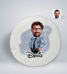Kişiye Özel İsimli Erkek Polis Karikatürlü Yuvarlak Araç Koltuk Yastığı-1