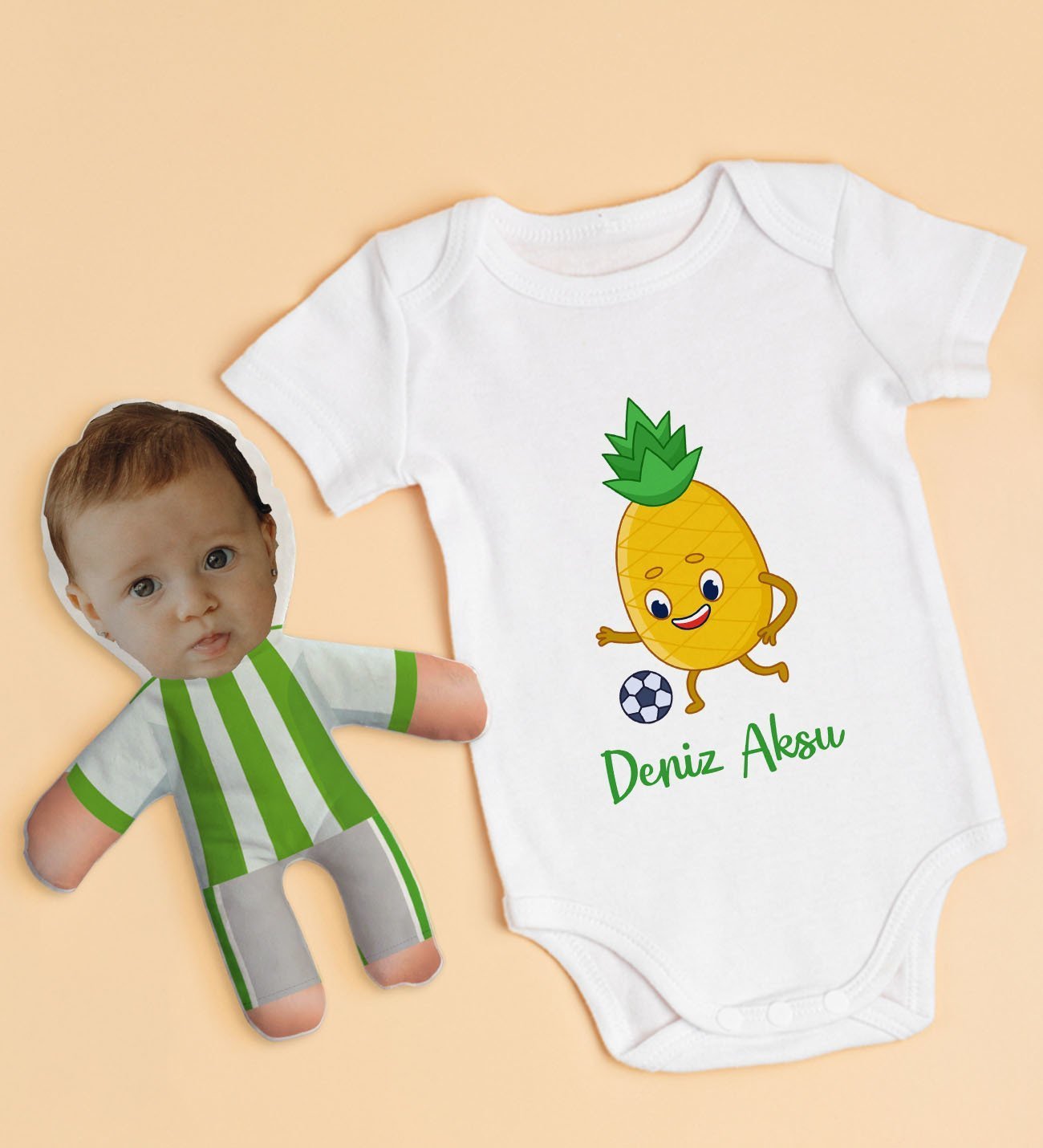 BK Kids Kişiye Özel Fotoğraflı Bebek Yastık ve Bebek Body Zıbın Hediye Seti - Model 1.3