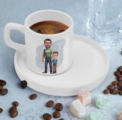 BK Gift Kişiye Özel Sunum Tabaklı Baba Oğul Karikatürlü Kahve Fincanı-21, Aileye Hediye, Arkadaşa Hediye