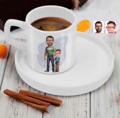 BK Gift Kişiye Özel Sunum Tabaklı Baba Oğul Karikatürlü Kahve Fincanı-21, Aileye Hediye, Arkadaşa Hediye