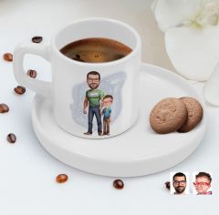 BK Gift Kişiye Özel Sunum Tabaklı Baba Oğul Karikatürlü Kahve Fincanı-21, Aileye Hediye, Arkadaşa Hediye