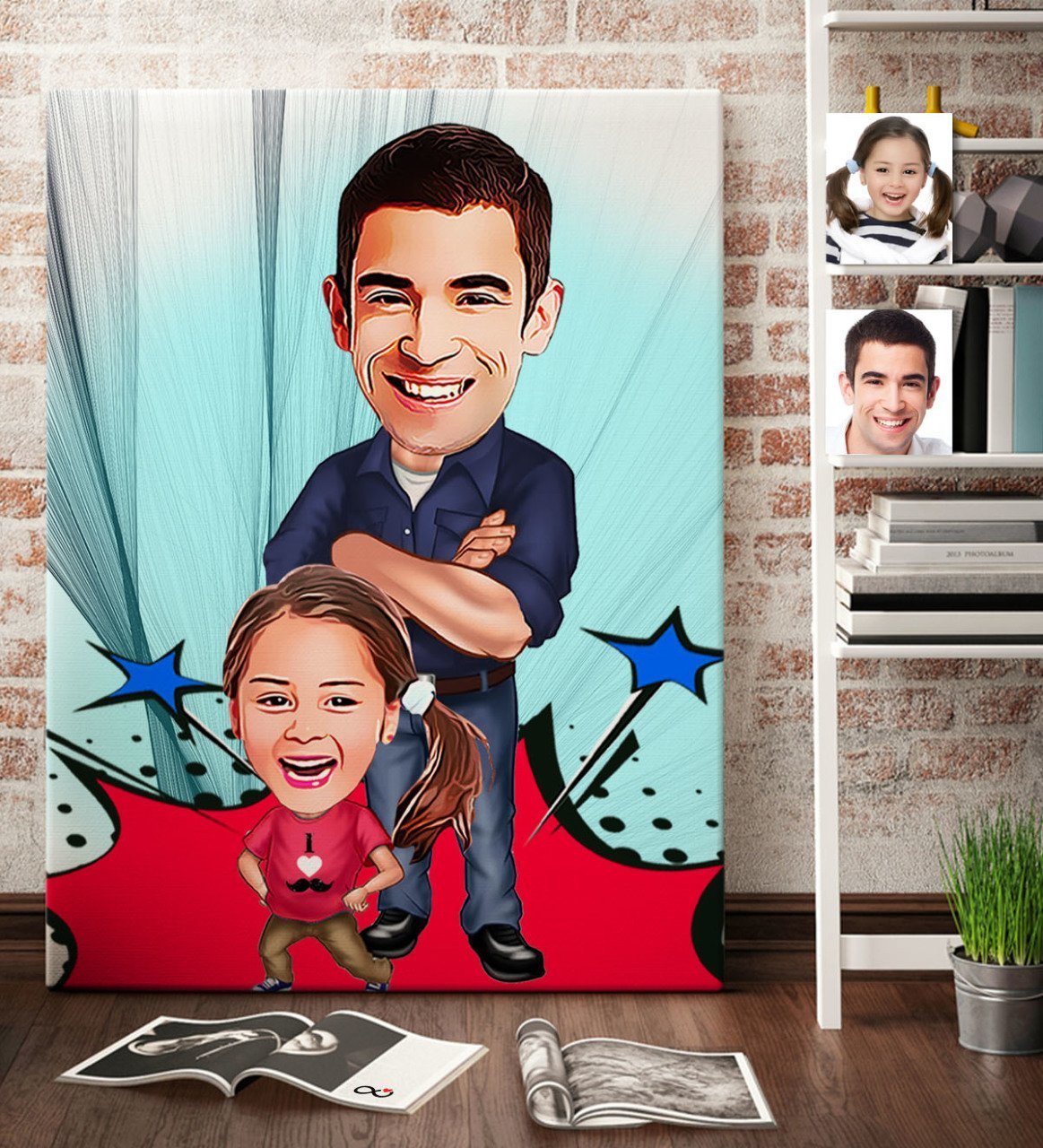 Kişiye Özel Baba Kız Karikatür Kanvas Tablo (70 x 100 cm.) 1