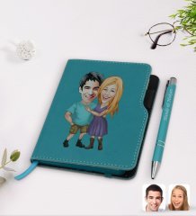 Kişiye Özel Sevgililer Karikatürlü Turkuaz Termo Deri Defter Kalem Seti-80