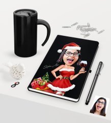 Kişiye Özel Yılbaşı Bayan Karikatürlü Siyah Defter Kalem Termos Mug Seti - 2