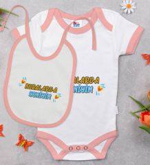 BK Kids Buralarda Yeniyim Tasarımlı Pembe Bebek Body Zıbın ve Mama Önlüğü Hediye Seti-1