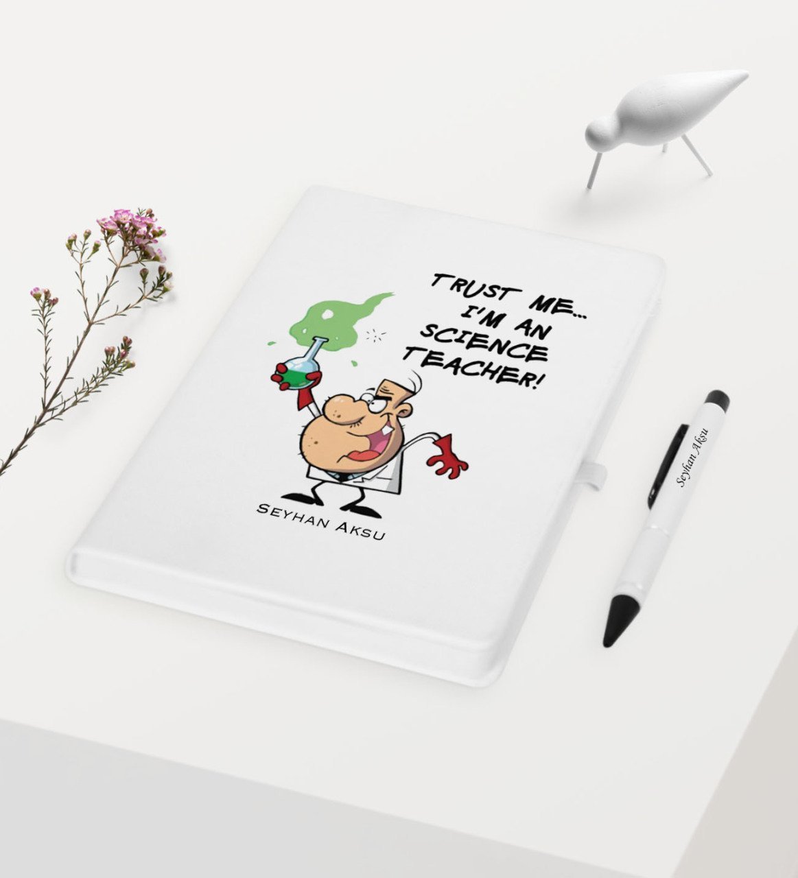 Kişiye Özel Fen Bilimleri Öğretmeni Temalı Beyaz Defter Kalem Hediye Seti - 5