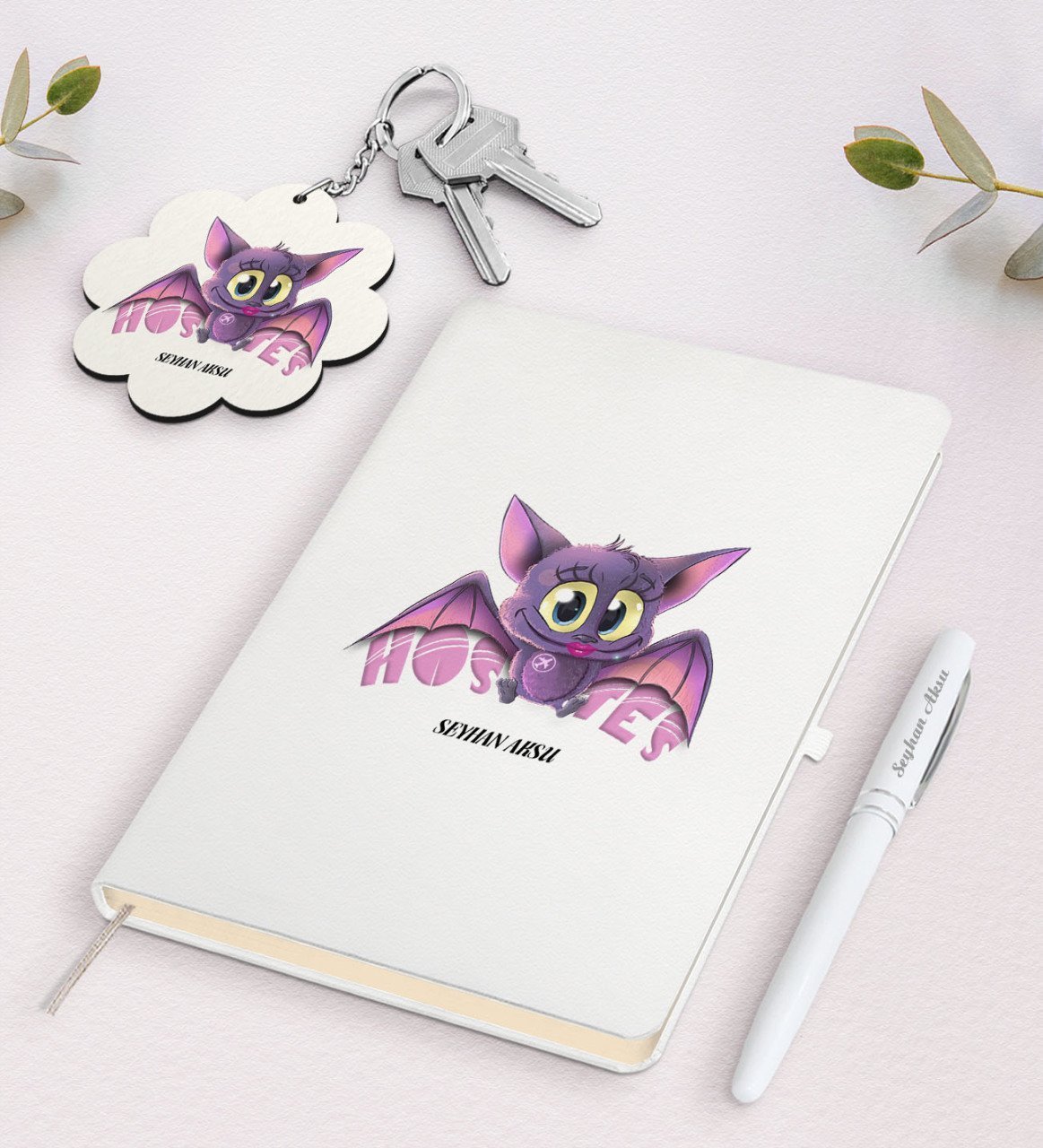 Kişiye Özel Hostes Beyaz Defter Kalem ve Anahtarlık Hediye Seti-3