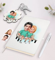 Kişiye Özel Sevgili Karikatürlü Beyaz Defter Kalem ve Anahtarlık Hediye Seti-55