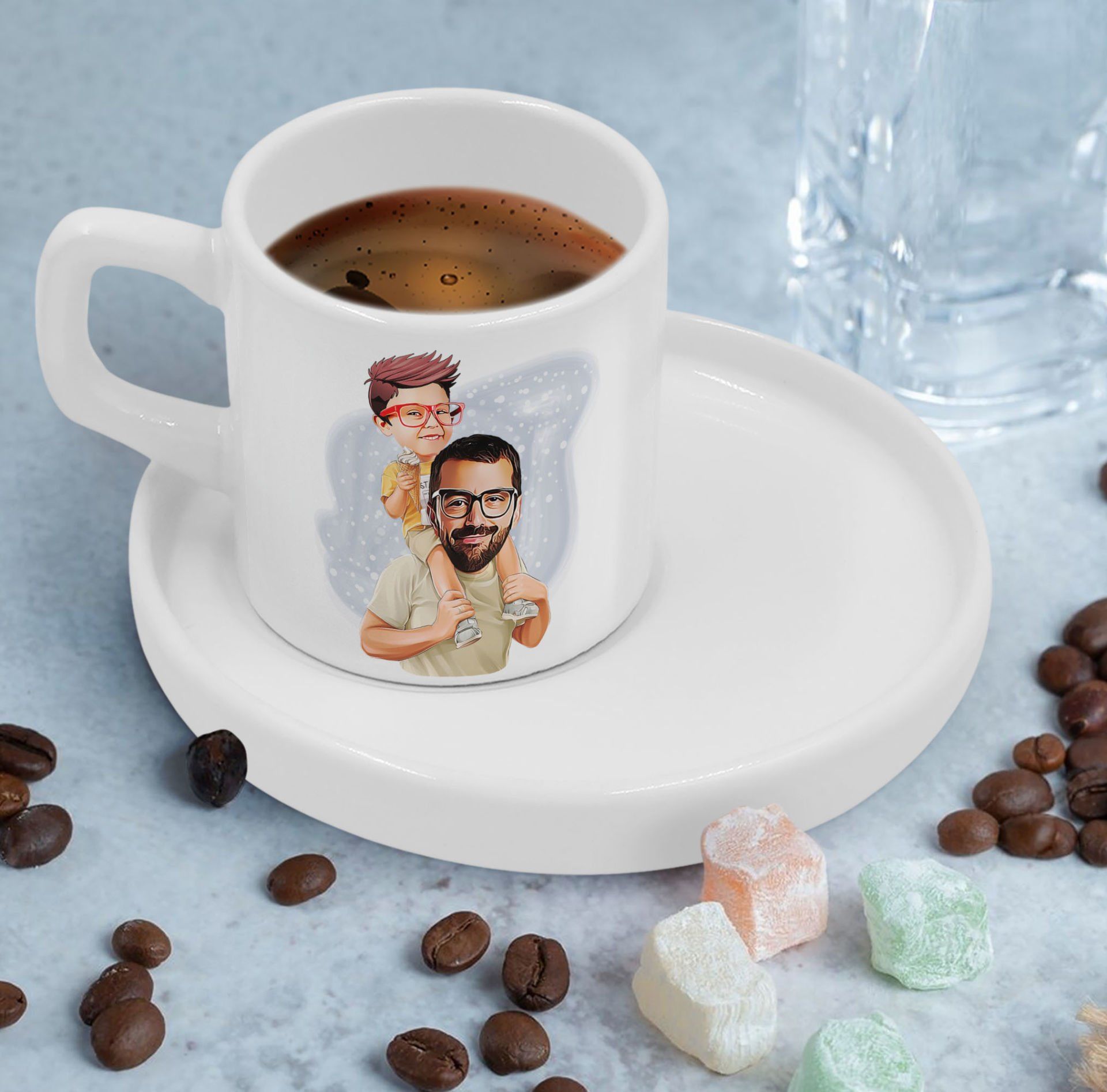 BK Gift Kişiye Özel Sunum Tabaklı Baba Oğul Karikatürlü Kahve Fincanı-20, Aileye Hediye, Arkadaşa Hediye
