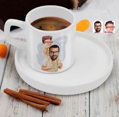 BK Gift Kişiye Özel Sunum Tabaklı Baba Oğul Karikatürlü Kahve Fincanı-20, Aileye Hediye, Arkadaşa Hediye