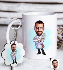 Kişiye Özel Erkek Kasap Karikatürlü Beyaz Kupa ve Anahtarlık Hediye Seti-1