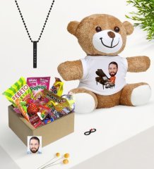 Kişiye Özel Bay Piyanist Karikatürlü Nostaljik Lezzetler Peluş Ayıcık Siyah Bar Kolye Hediye Seti