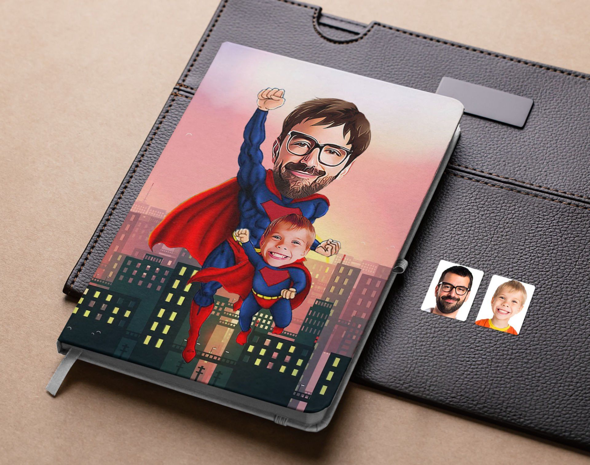 Bk Gift Kişiye Özel Baba ve Süper Çocuk Karikatürlü Beyaz Defter-1 , Arkadaşa Hediye , Sevgiliye Hediye