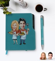 Kişiye Özel Sevgililer Karikatürlü Turkuaz Termo Deri Defter Kalem Seti-57